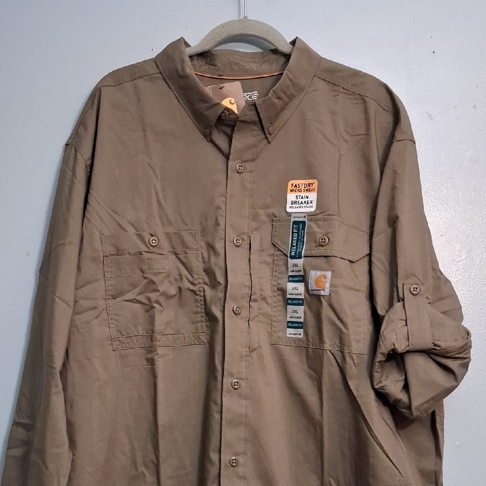 Carhartt Force 3XL men's olive green button-up long sleeve ridgefield shirt.